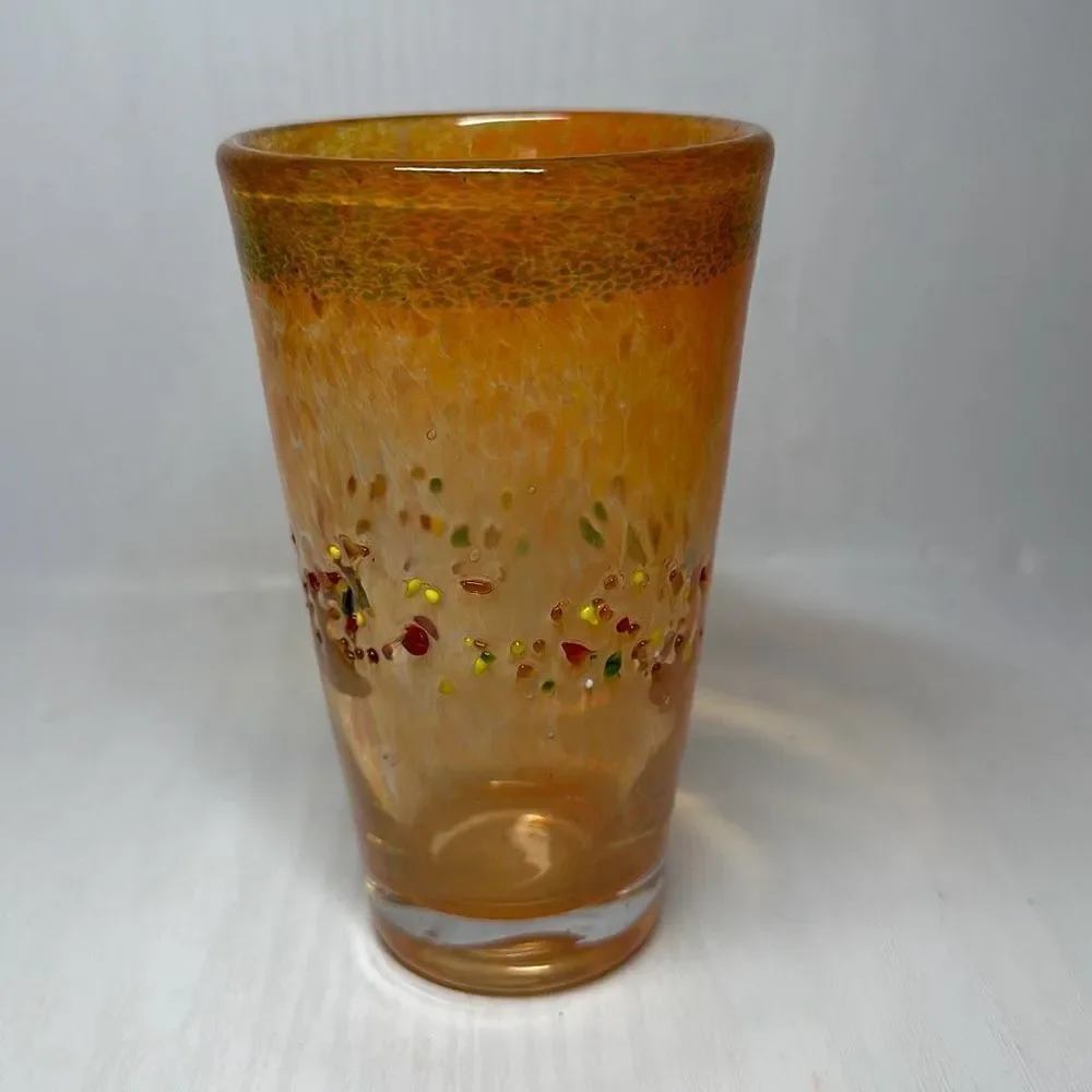 Tinted‎ Green Glass with Textured Specks of Paint and Orange Rim Unique Art Deco